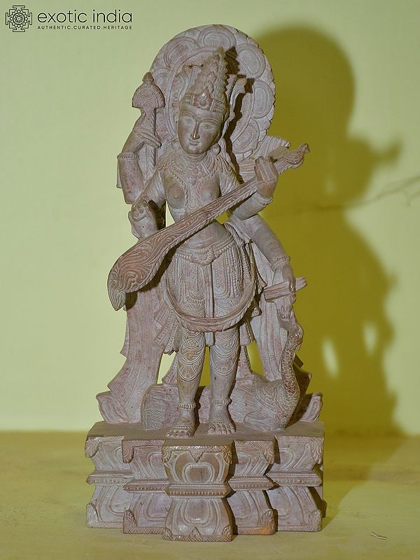 8" Goddess Saraswati Holding Veena | Red Stone Statue | Hand Carved
