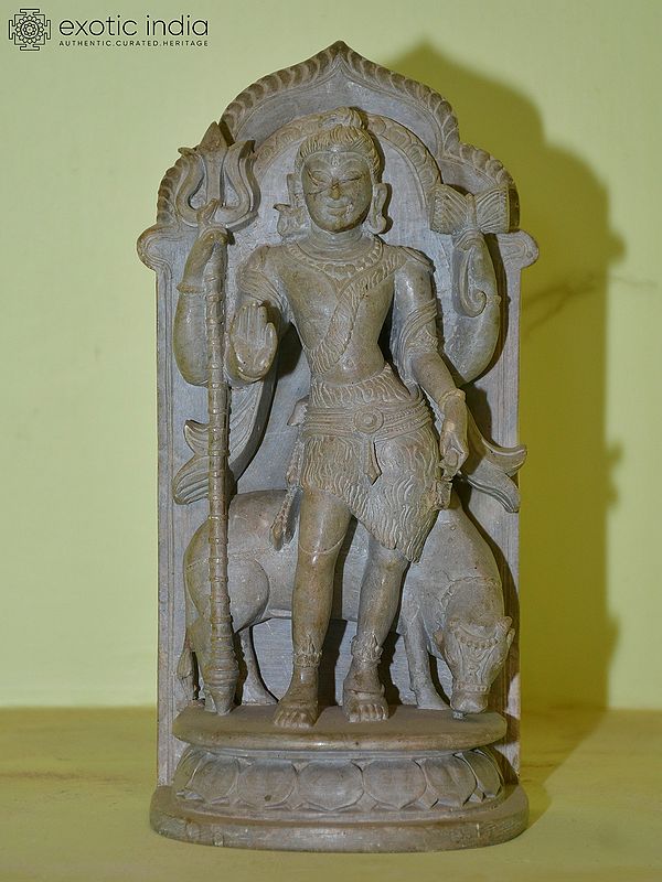9" Lord Shiva Standing with his Nandi | Red Stone Statue | Hand Carved