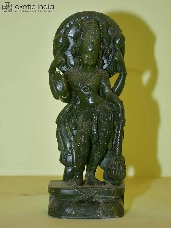9" Standing Lord Vishnu Holding Mace in his Hand | Green Stone Statue | Hand Carved