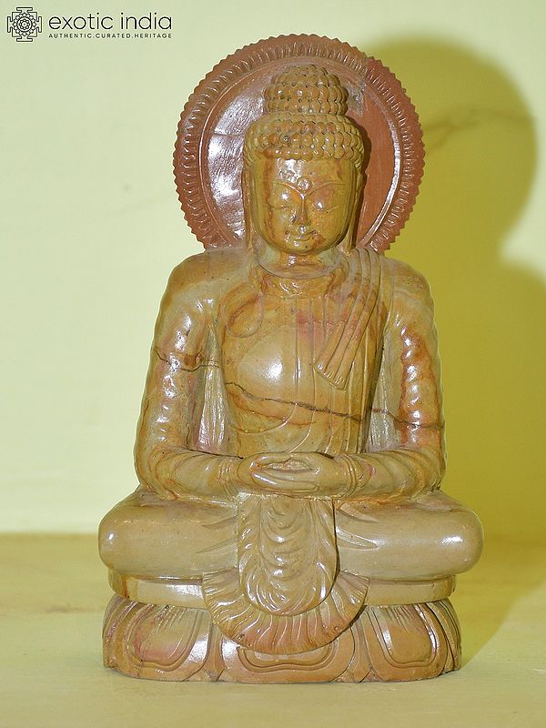 7" Lord Buddha in Dhyana Mudra Posture | Red Stone Statue | Home Decor| Hand Carved