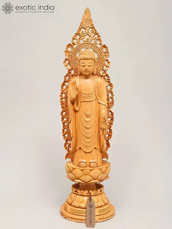 18" Standing Lord Buddha in Vitark Mudra on Lotus Pedestal | Wood Carved Statue