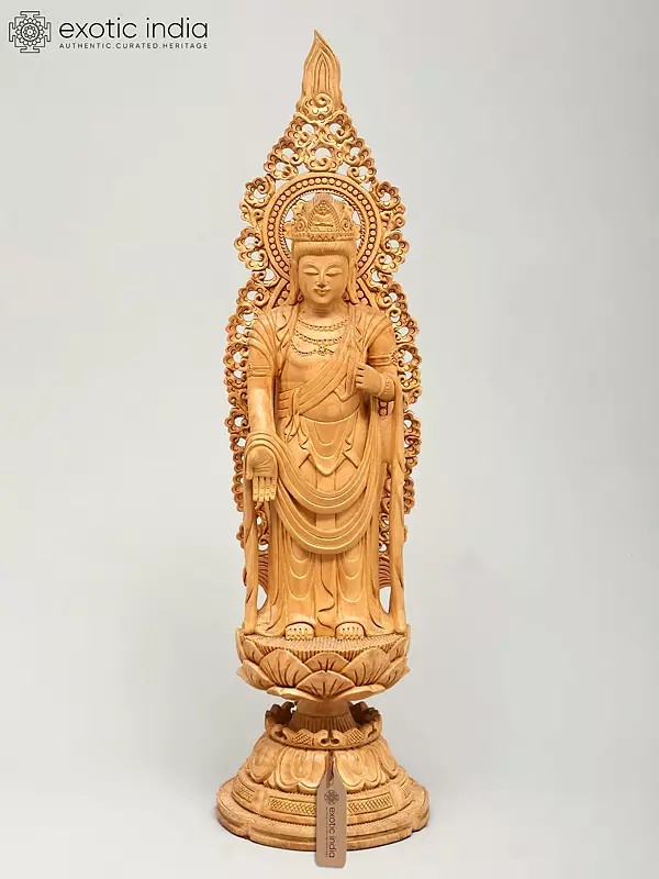 18" Lord Buddha Standing in Varada Mudra on Lotus Pedestal | Wood Carved Statue