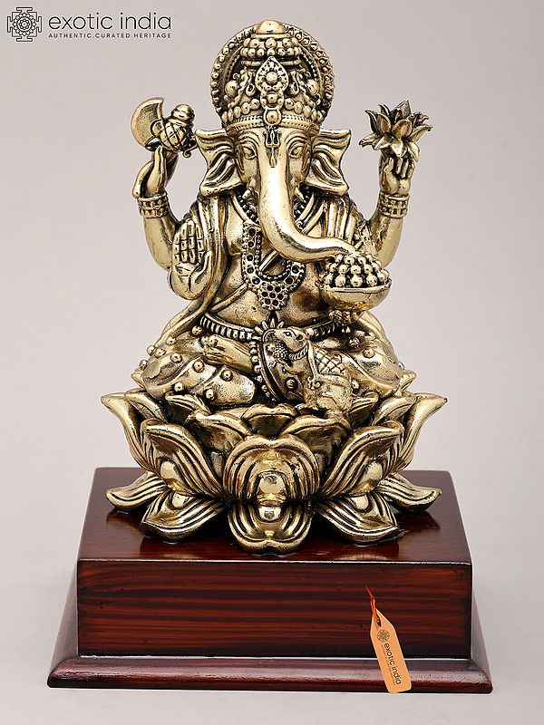 7" Superfine Chaturbhuja Lord Ganapati Seated on Lotus with Wood Base | Brass Sculpture