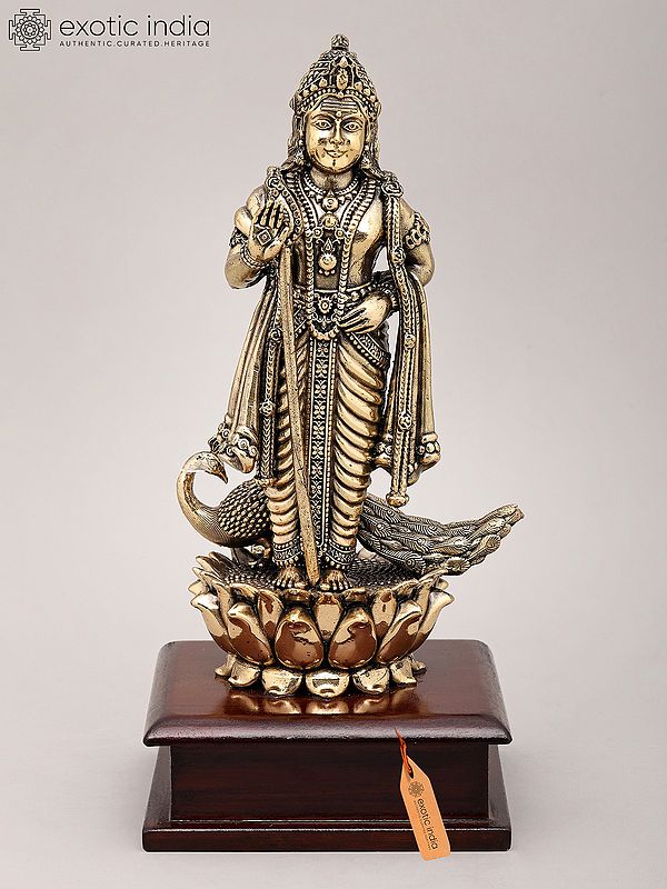 9" Superfine Lord Kartikeya in Standing Gesture with Peacock and Wood Base | Brass Idol