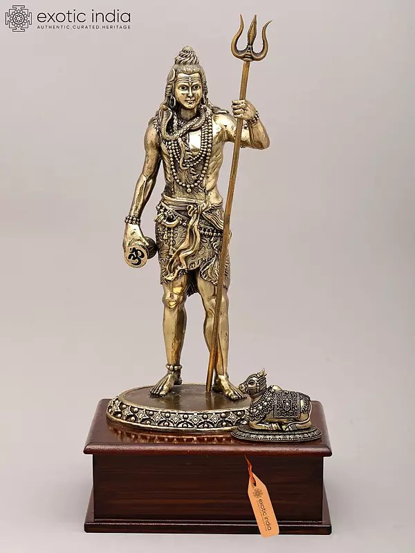 13" Superfine Standing Gesture Lord Shiva with Damaru, Trident and Seated Nandi on Wood Base | Brass Statue