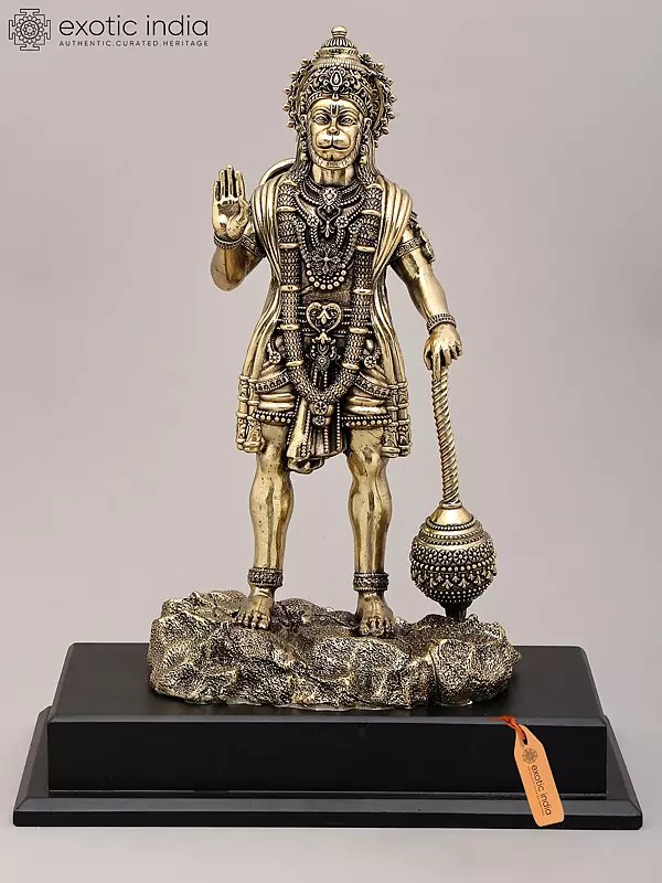14" Superfine Idol of Lord Hanuman in Blessing Gesture with Mace and Wood Base | Brass Sculpture