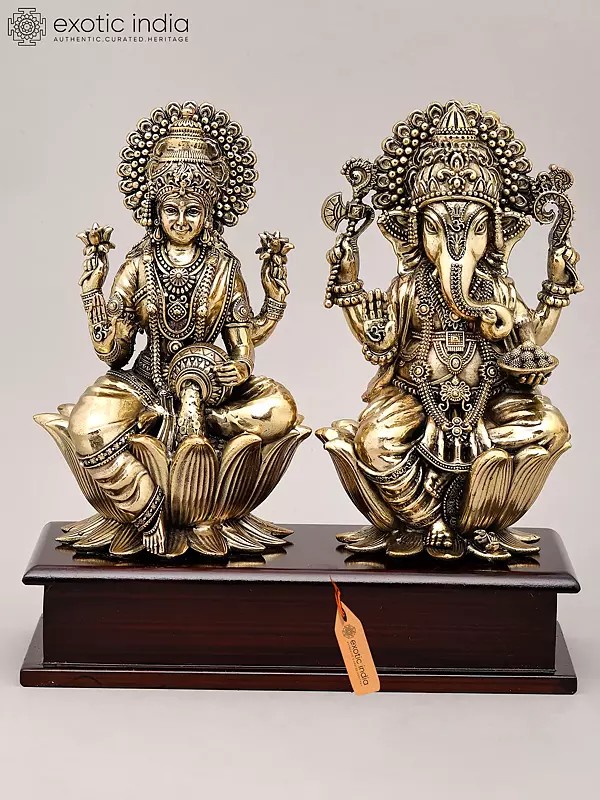 9" Superfine Goddess Lakshmi and Lord Ganesha Idol Seated on Lotus | Brass Statue