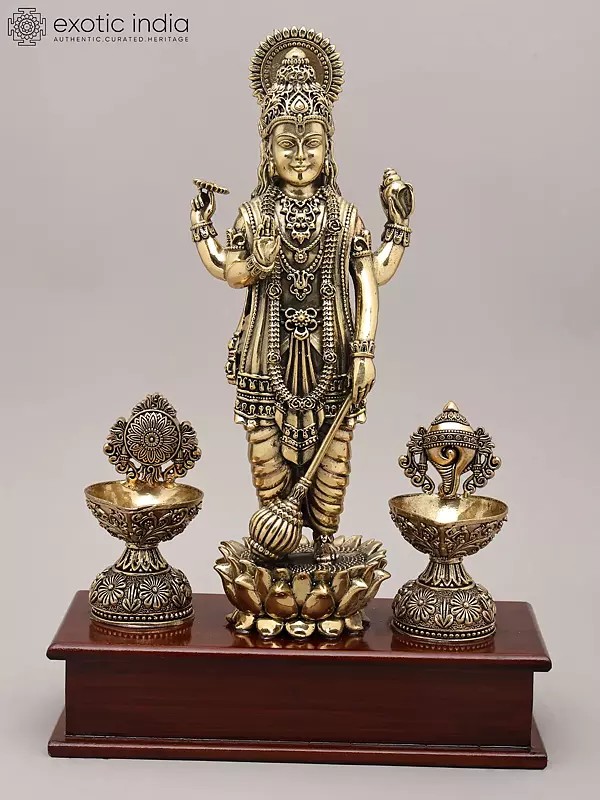 13" Superfine Idol of Four Amred Lord Vishnu with Oil Lamp and Wood Base | Brass Sculpture