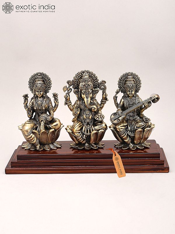 12" Superfine Wood Base Idol of Lakshmi Ganesha and Saraswati | Brass Sculpture