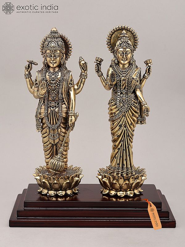 11" Superfine Lord Vishnu and Goddess Lakshmi Standing on Wood Base | Brass Idol