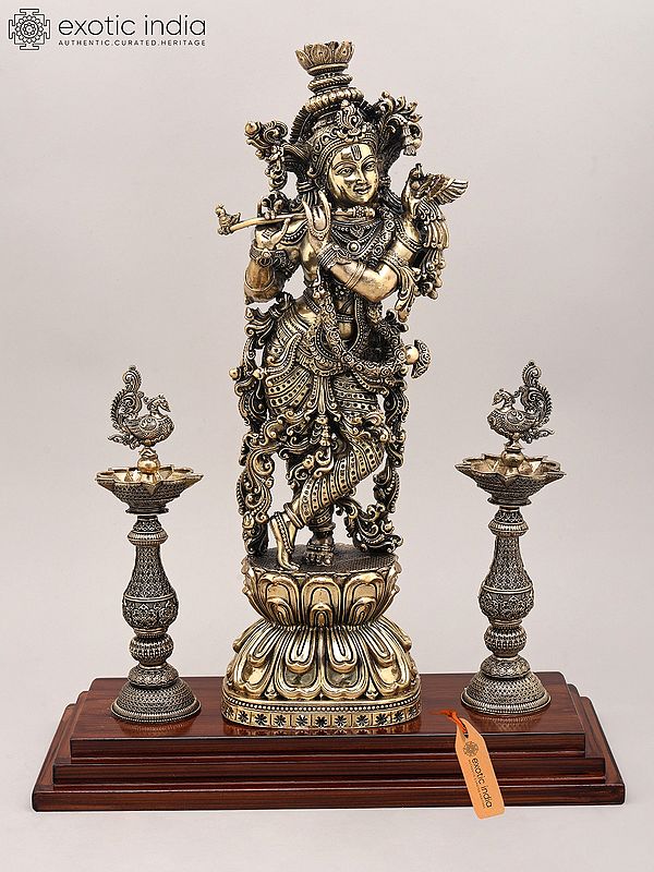 15" Superfine Lord Krishna Playing Flute with Peacock Deepam and Wood Base | Brass Sculpture