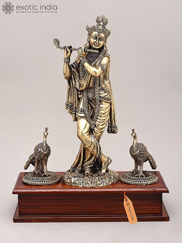 12" Superfine Idol of Lord Krishna Playing Flute in Tribhangi Gesture with Peacock and Wood Base | Brass Statue