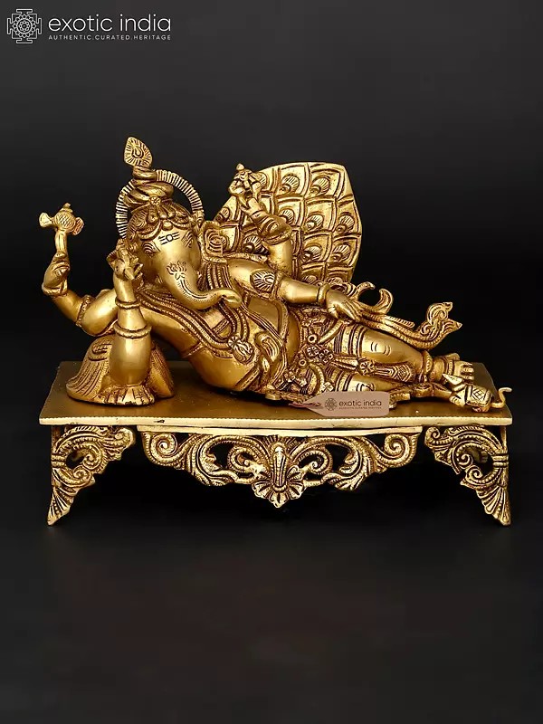 11" Four Armed Relaxing Lord Ganesha with Peacock | Brass Statue