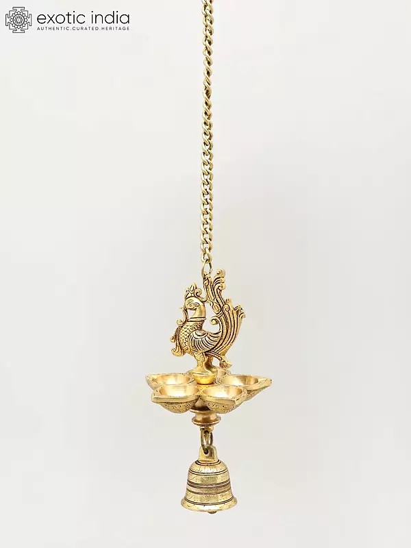 Five Wicks Hanging Peacock Lamp with Bell | Brass Ritual Item