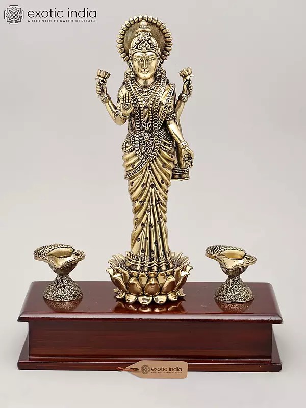 11" Superfine Goddess Lakshmi Standing on Lotus with Oil Lamps and Wood Base | Brass Sculpture