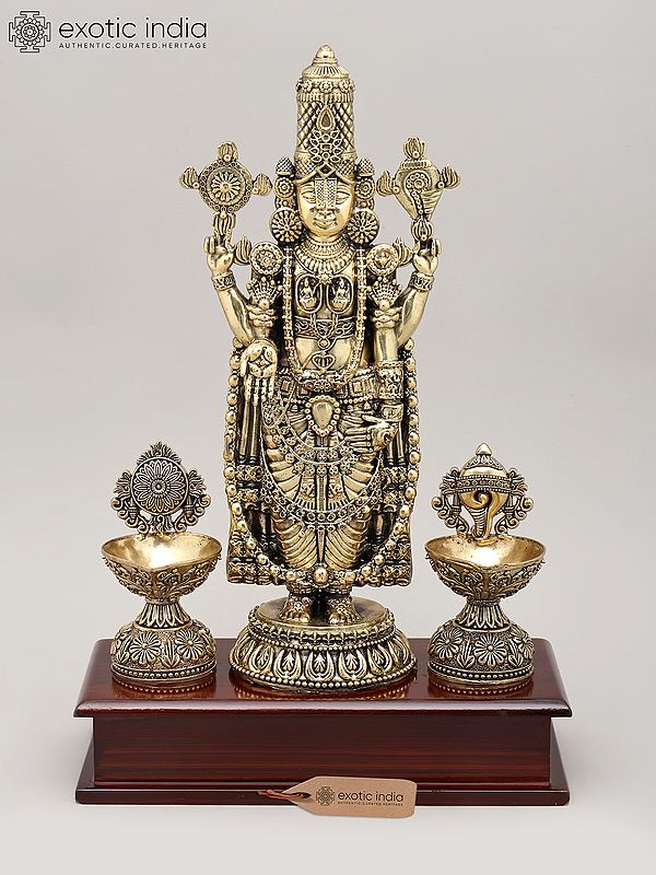 13" Superfine Lord Venkateswara Idol with Vaishnava Symbols Oil Lamp and Wood Base | Brass Sculpture