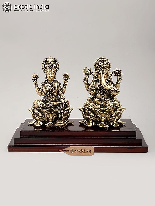 6" Superfine Idol of Goddess Dhanalakshmi and Lord Ganesha with Wood Base | Brass Sculpture
