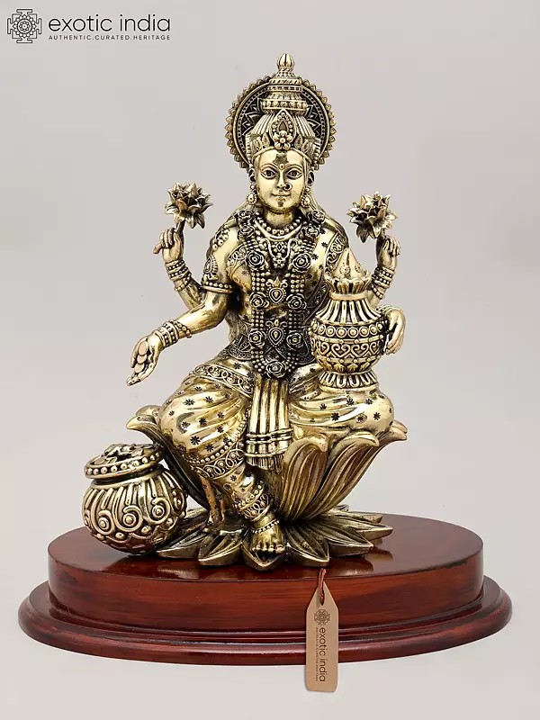 11" Mahalakshmi – The Goddess of Prosperity and Abundance with Wood Base | Brass Statue