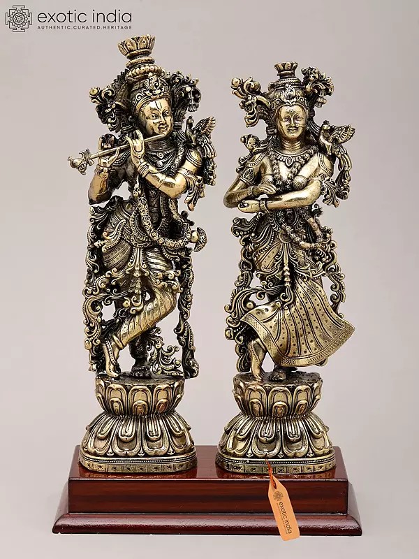 Superfine Divine Pair: Lord Krishna and Radha Standing on Lotus with Wood Base | Brass Idol