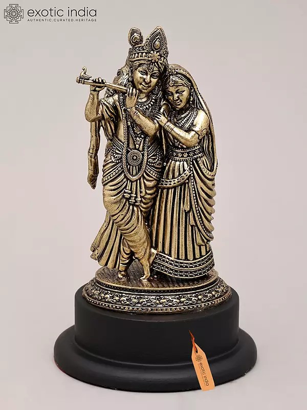 3" Small Superfine Lord Krishna Playing Flute with Radha on Wood Base | Brass Sculpture