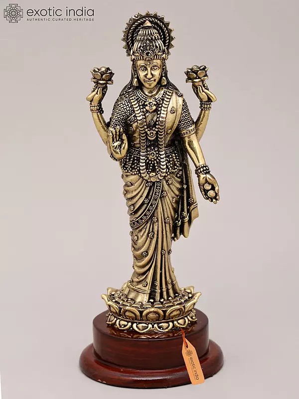 7" Superfine Goddess Lakshmi Standing on Lotus with Wood Base | Brass Sculpture