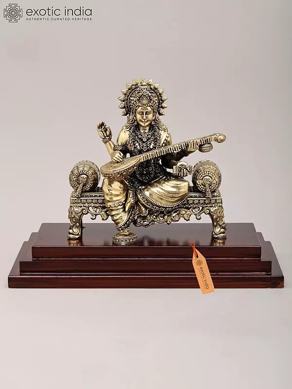 9" Superfine Goddess Saraswati Seated on Asana and Playing Sitar with Wood Base | Brass Idol