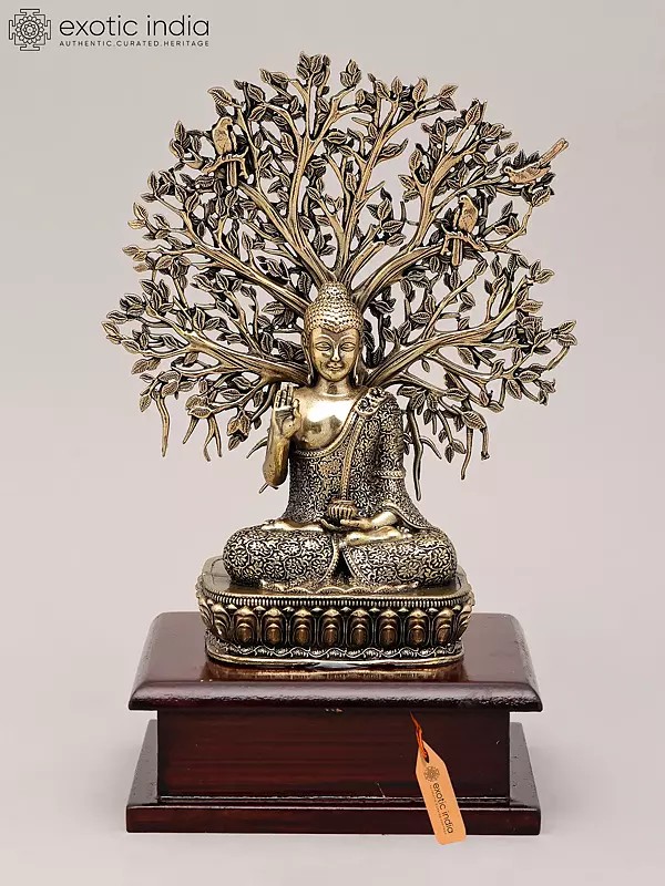 8" Superfine Idol of Lord Buddha Attaining Enlightenment Under The Bodhi Tree with Wood Base | Brass Statue