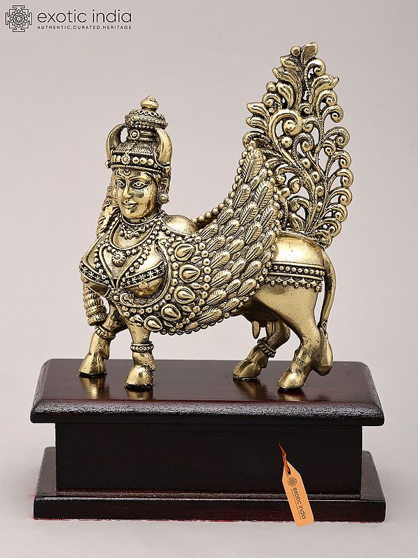 5" Small Superfine Goddess Kamdhenu on Wood Base | Brass Sculpture