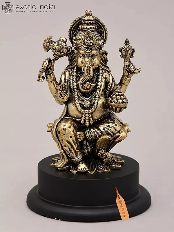 5" Small Superfine Ekadanta - The Lord Ganesha Seated on Lotus with Wood Base | Brass Idol