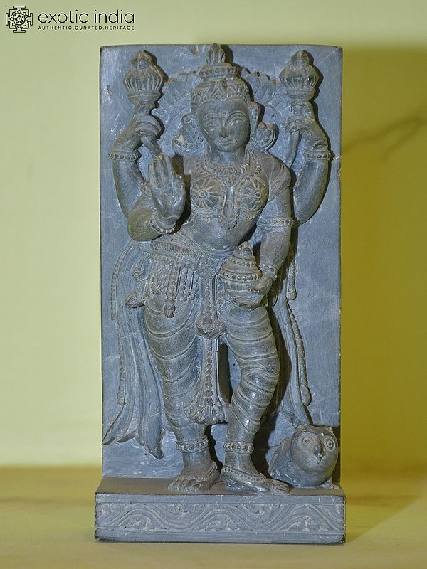 6" Four Hands Goddess Laxmi Standing with Owl | Orissa Stone Statue | Hand Carved
