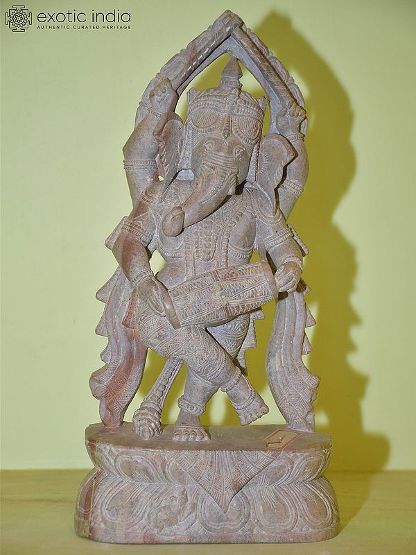 13" Dancing Ganesha While Playing Drum | Orissa Stone Statue | Hand Carved