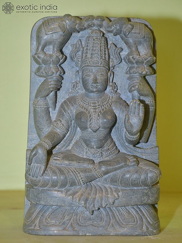 8" Four Armed Goddess Laxmi Holding Lotus Flower | Orissa Stone Statue | Hand Carved