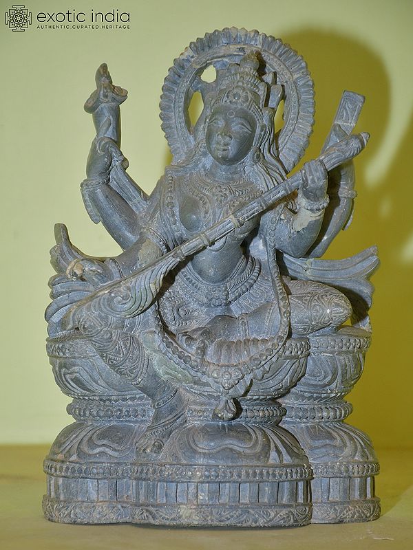 8" Maa Sharada with Veena | Orissa Stone Statue | Hand Carved