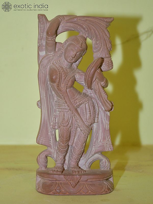 7" Apsara Holding Mirror in Hand | Red Stone Statue | Hand Carved