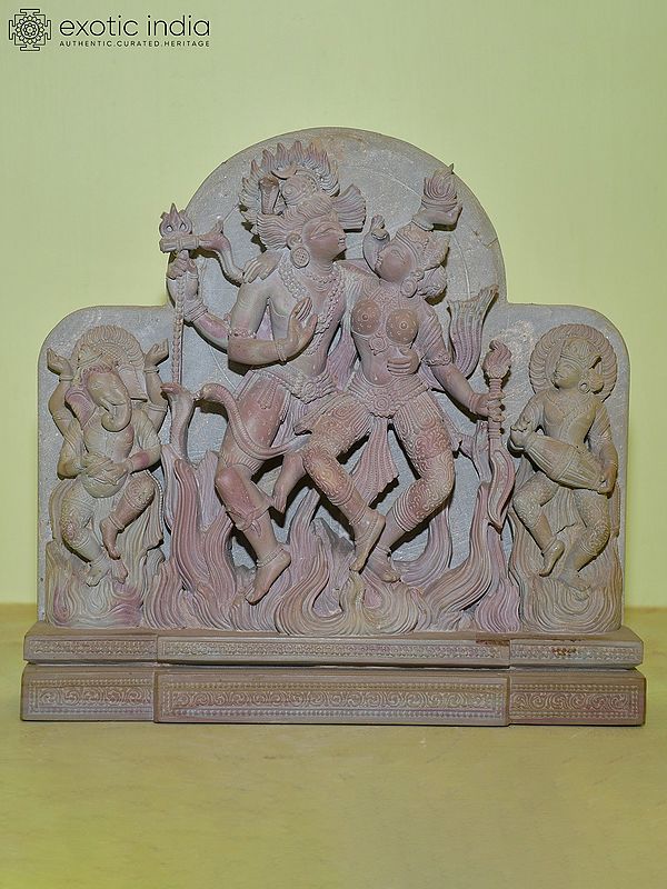 10" Shiva Parvati with their Children Ganesha and Kartikeya | Red Stone Statue | Hand Carved