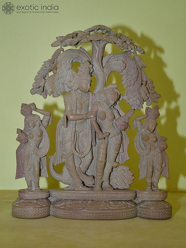 12" Radha Krishna with Gopis | Red Stone Statue | Hand Carved