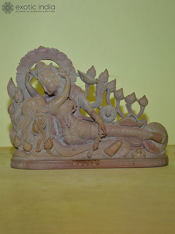 10" Lord Vishnu with Goddess Laxmi | Red Stone Statue | Hand Carved