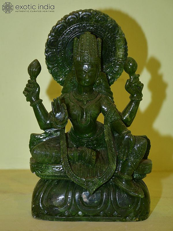 8" Four Armed Goddess Laxmi Seated on Lotus Petals | Green Stone Statue | Hand Carved