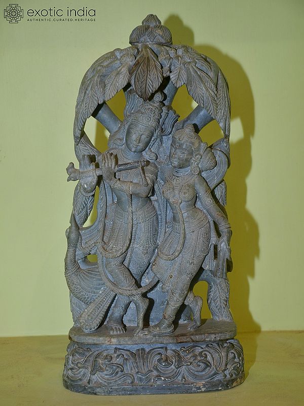 16" Radha Krishna Standing in Shade of Tree | Orissa Stone Statue | Hand Carved