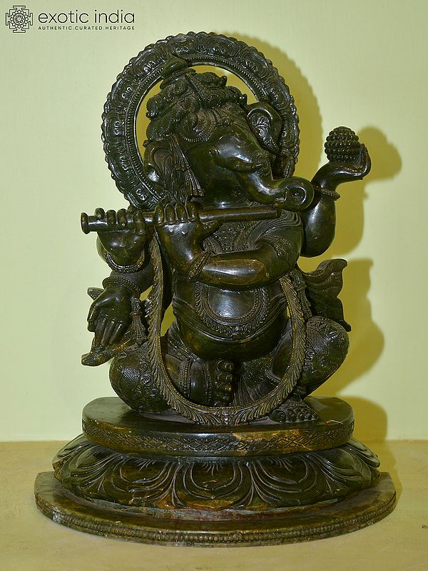 14" Four Armed Lord Ganesha Playing Flute | Green Stone Statue | Hand Carved