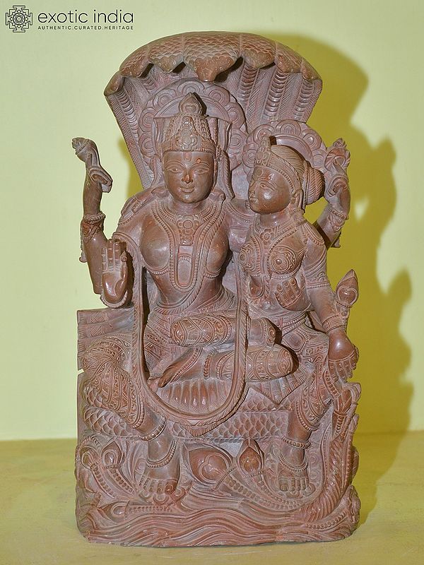 13" Lord Vishnu Seated Under the Hood of Sheshnag with Goddess Lakshmi | Red Stone Statue | Hand Carved
