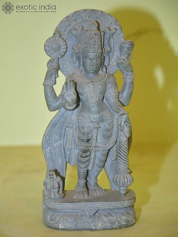 8" Four Armed Lord Vishnu Holding his Weapon | Orissa Stone Statue | Hand Carved