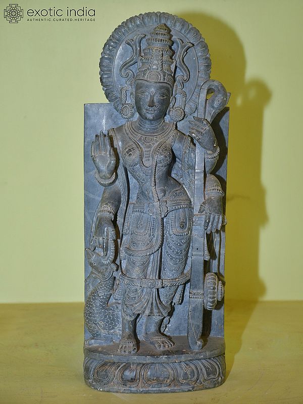 15" Goddess Saraswati Standing with Veena and Peacock | Orissa Stone Statue | Hand Carved
