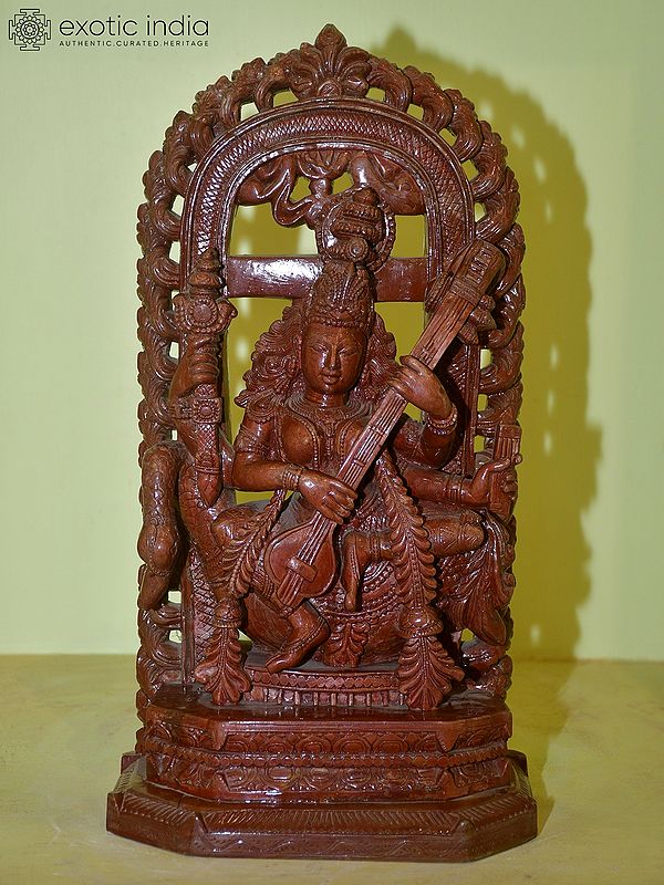 16" Goddess Saraswati Seated on a Peacock and Holding a Veena | Red Stone Statue | Hand Carved