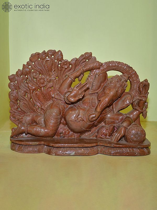 16" Reclining Ganesha with his Mouse | Red Stone Statue | Hand Carved