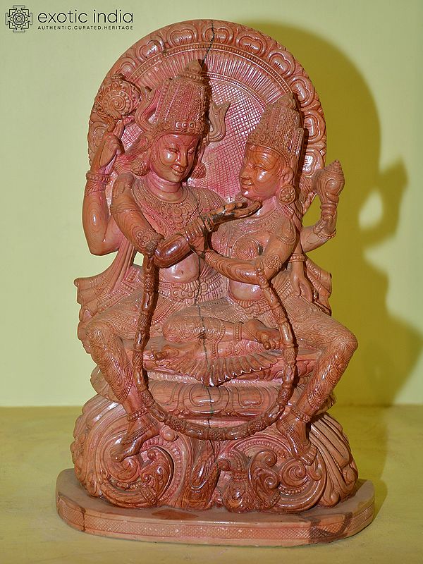 14" Lord Vishnu with Goddess Laxmi | Red Stone Statue | Hand Carved