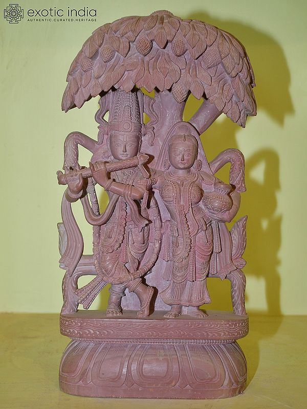 16" Lord Krishna Playing Flute and Radha Holding Kalash in Hand | Red Stone Statue | Hand Carved