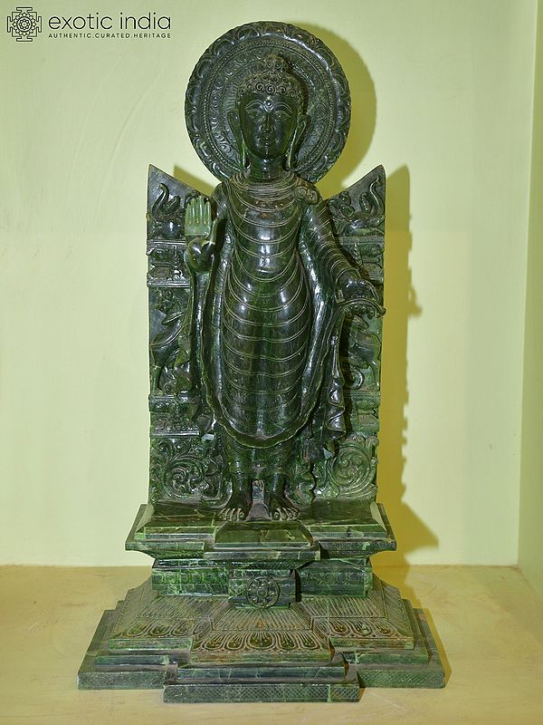 23" Lord Buddha Standing in Blessing Pose | Green Stone Statue | Hand Carved