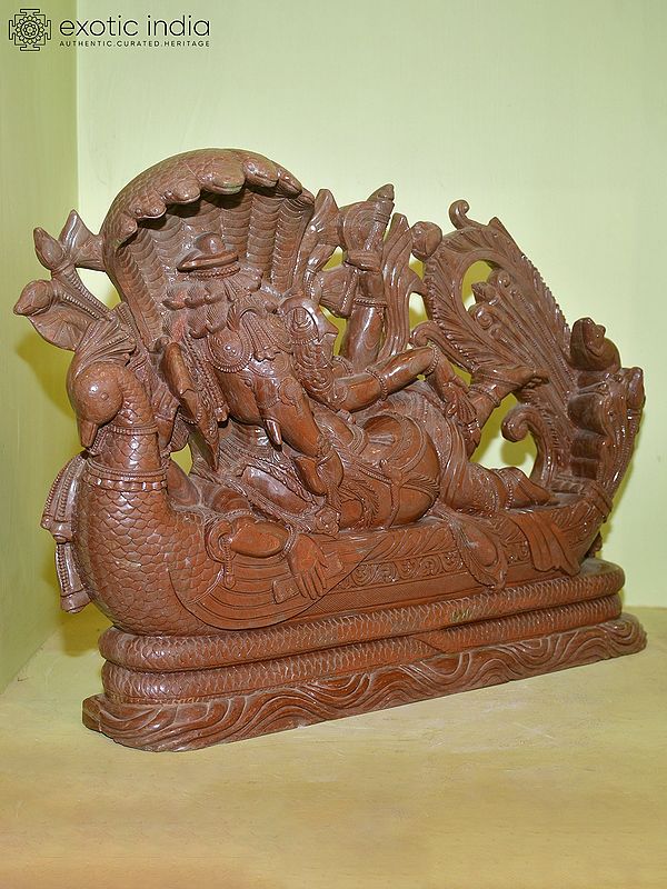 22" Ganesha Reclining on a Peacock Under the Hood of Sheshnag | Red Stone Statue | Hand Carved