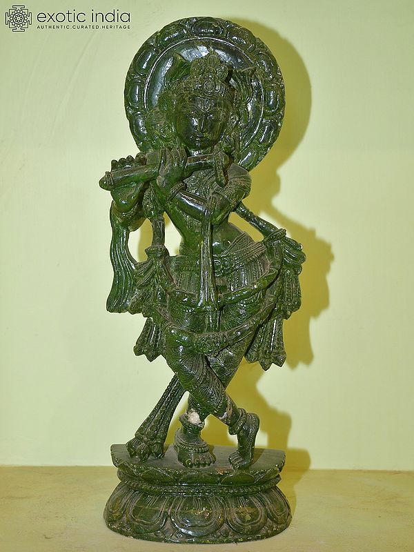 20" Tribhanga Murari Krishna | Green Stone Statue | Hand Carved